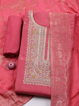 MEENA BAZAAR - Pink Embroidered Chanderi Unstitched Kurta With Unstitched Bottom And Dupatta