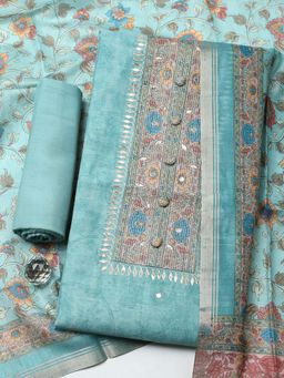 MEENA BAZAAR - Aqua Printed Chanderi Unstitched Kurta With Unstitched Bottom And Dupatta