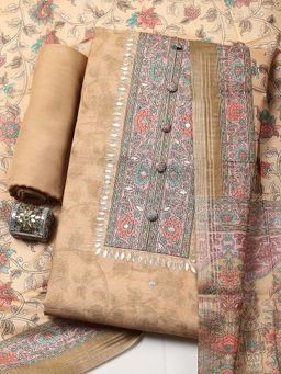 MEENA BAZAAR - Beige Printed Chanderi Unstitched Kurta With Unstitched Bottom And Dupatta