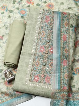 MEENA BAZAAR - Green Printed Chanderi Unstitched Kurta With Unstitched Bottom And Dupatta
