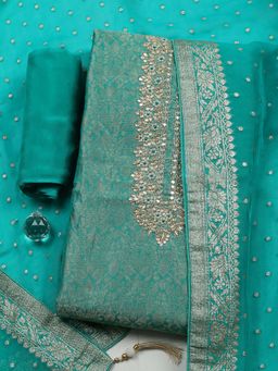 MEENA BAZAAR - Green Embroidered Chanderi Unstitched Kurta With Unstitched Bottom And Dupatta