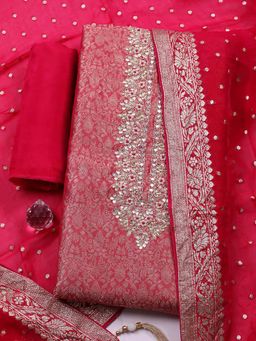 MEENA BAZAAR - Pink Embroidered Chanderi Unstitched Kurta With Unstitched Bottom And Dupatta