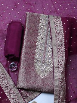 MEENA BAZAAR - Wine Embroidered Chanderi Unstitched Kurta With Unstitched Bottom And Dupatta