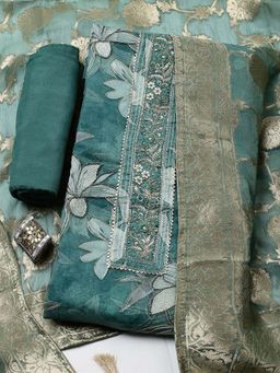 MEENA BAZAAR - Green Embroidered Organza Unstitched Kurta With Unstitched Bottom And Dupatta