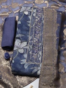 MEENA BAZAAR - Blue Embroidered Organza Unstitched Kurta With Unstitched Bottom And Dupatta