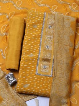 MEENA BAZAAR - Mustard Printed Georgette Unstitched Kurta With Unstitched Bottom And Dupatta