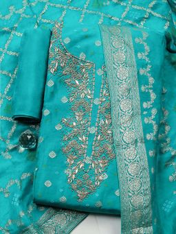 MEENA BAZAAR - Green Embroidered Chanderi Unstitched Kurta With Unstitched Bottom And Dupatta