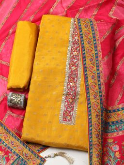MEENA BAZAAR - Mustard Embroidered Chanderi Unstitched Kurta With Unstitched Bottom And Dupatta