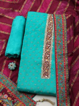 MEENA BAZAAR - Green Embroidered Chanderi Unstitched Kurta With Unstitched Bottom And Dupatta