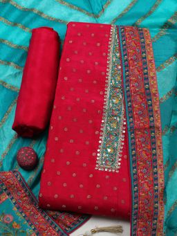 MEENA BAZAAR - Pink Embroidered Chanderi Unstitched Kurta With Unstitched Bottom And Dupatta