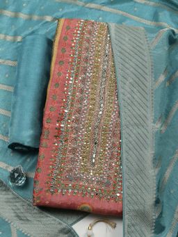 MEENA BAZAAR - Peach Embroidered Chanderi Unstitched Kurta With Unstitched Bottom And Dupatta