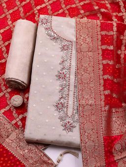 MEENA BAZAAR - Red Embroidered Chanderi Unstitched Kurta With Unstitched Bottom And Dupatta