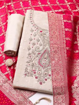 MEENA BAZAAR - Pink Embroidered Chanderi Unstitched Kurta With Unstitched Bottom And Dupatta