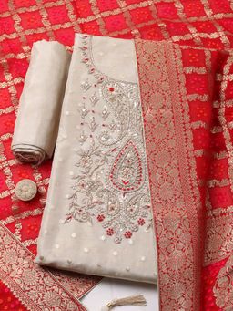 MEENA BAZAAR - Red Embroidered Chanderi Unstitched Kurta With Unstitched Bottom And Dupatta