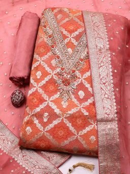 MEENA BAZAAR - Orange Embroidered Chanderi Unstitched Kurta With Unstitched Bottom And Dupatta