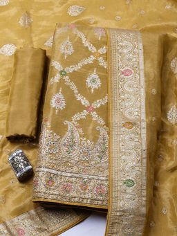 MEENA BAZAAR - Mustard Embroidered Art Silk Unstitched Kurta With Unstitched Bottom And Dupatta