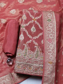 MEENA BAZAAR - Rust Embroidered Art Silk Unstitched Kurta With Unstitched Bottom And Dupatta