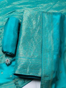 MEENA BAZAAR - Blue Printed Chanderi Unstitched Kurta With Unstitched Bottom And Dupatta