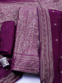 MEENA BAZAAR - Wine Printed Chanderi Unstitched Kurta With Unstitched Bottom And Dupatta