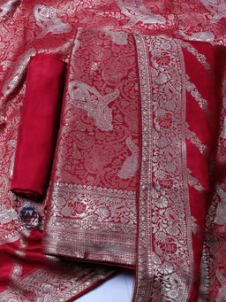 MEENA BAZAAR - Maroon Printed Chanderi Unstitched Kurta With Unstitched Bottom And Dupatta