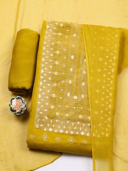 MEENA BAZAAR - Mustard Embroidered Chanderi Unstitched Kurta With Unstitched Bottom And Dupatta