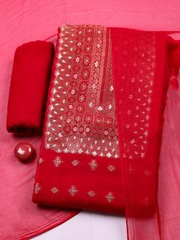 MEENA BAZAAR - Red Printed Chanderi Unstitched Kurta With Unstitched Bottom And Dupatta