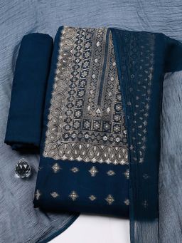 MEENA BAZAAR - Blue Embroidered Chanderi Unstitched Kurta With Unstitched Bottom And Dupatta