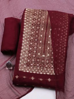 MEENA BAZAAR - Wine Embroidered Chanderi Unstitched Kurta With Unstitched Bottom And Dupatta