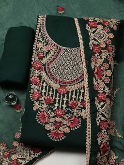 MEENA BAZAAR - Green Embroidered Cotton Unstitched Kurta With Unstitched Bottom And Dupatta