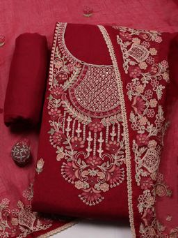 MEENA BAZAAR - Maroon Embroidered Cotton Unstitched Kurta With Unstitched Bottom And Dupatta
