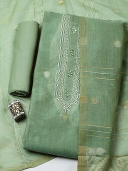 MEENA BAZAAR - Green Embroidered Cotton Unstitched Kurta With Unstitched Bottom And Dupatta