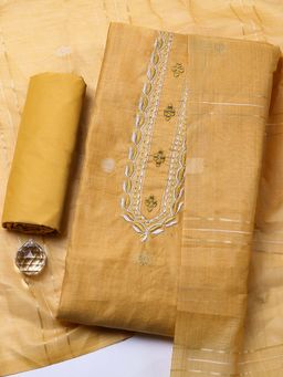 MEENA BAZAAR - Mustard Embroidered Cotton Unstitched Kurta With Unstitched Bottom And Dupatta