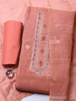 MEENA BAZAAR - Peach Embroidered Cotton Unstitched Kurta With Unstitched Bottom And Dupatta