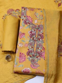 MEENA BAZAAR - Yellow Embroidered Cotton Unstitched Kurta With Unstitched Bottom And Dupatta