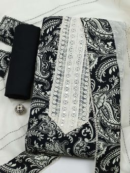 MEENA BAZAAR - Black Printed Cotton Unstitched Kurta With Unstitched Bottom And Dupatta