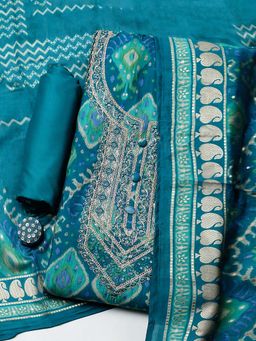 MEENA BAZAAR - Blue Embroidered Cotton Unstitched Kurta With Unstitched Bottom And Dupatta