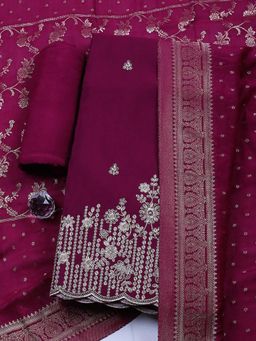MEENA BAZAAR - Wine Embroidered Chanderi Unstitched Kurta With Unstitched Bottom And Dupatta
