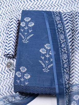 MEENA BAZAAR - Blue Printed Cotton Unstitched Kurta With Unstitched Bottom And Dupatta