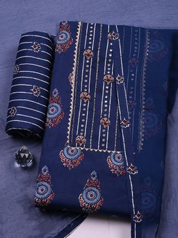 MEENA BAZAAR - Blue Embroidered Cotton Unstitched Kurta With Unstitched Bottom And Dupatta