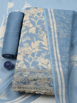 MEENA BAZAAR - Aqua Printed Cotton Unstitched Kurta With Unstitched Bottom And Dupatta