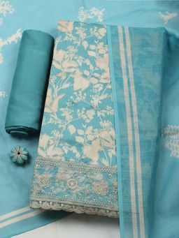 MEENA BAZAAR - Blue Printed Cotton Unstitched Kurta With Unstitched Bottom And Dupatta