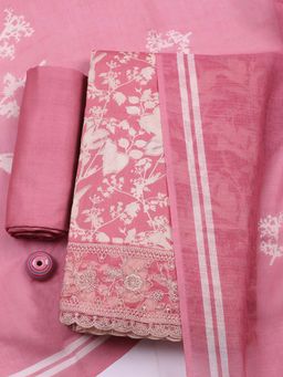 MEENA BAZAAR - Pink Embroidered Cotton Unstitched Kurta With Unstitched Bottom And Dupatta