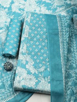 MEENA BAZAAR - Aqua Printed Cotton Unstitched Kurta With Unstitched Bottom And Dupatta