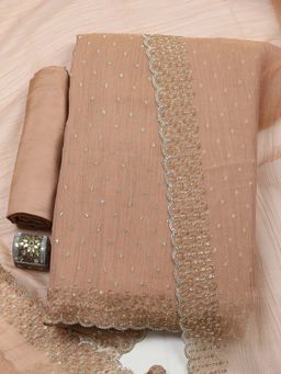 MEENA BAZAAR - Peach Embellished Art Silk Unstitched Kurta With Unstitched Bottom And Dupatta