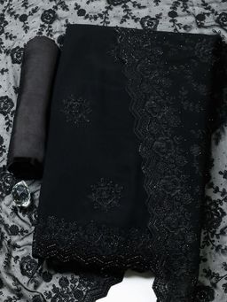 MEENA BAZAAR - Black Embroidered Georgette Unstitched Kurta With Unstitched Bottom And Dupatta
