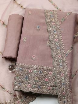 MEENA BAZAAR - Mauve Embroidered Art Silk Unstitched Kurta With Unstitched Bottom And Dupatta