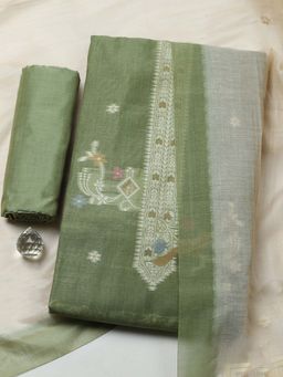 MEENA BAZAAR - Green Printed Chanderi Unstitched Kurta With Unstitched Bottom And Dupatta