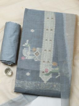 MEENA BAZAAR - Grey Printed Chanderi Unstitched Kurta With Unstitched Bottom And Dupatta