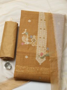 MEENA BAZAAR - Mustard Printed Chanderi Unstitched Kurta With Unstitched Bottom And Dupatta