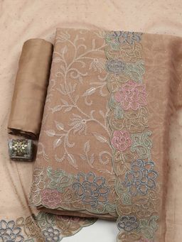 MEENA BAZAAR - Peach Embroidered Art Silk Unstitched Kurta With Unstitched Bottom And Dupatta